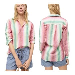 J Crew Shirt Womens 6 Pink Green Rainbow Boy‎ Striped Linen Cotton Blend Coastal